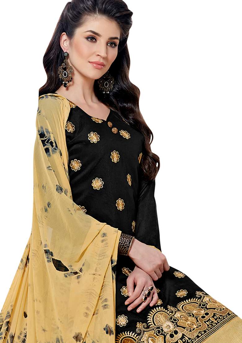 Black Embroidered Blended Pakistani Suit Set - Indya