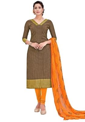 Brown Embroidered Silk Dress Material