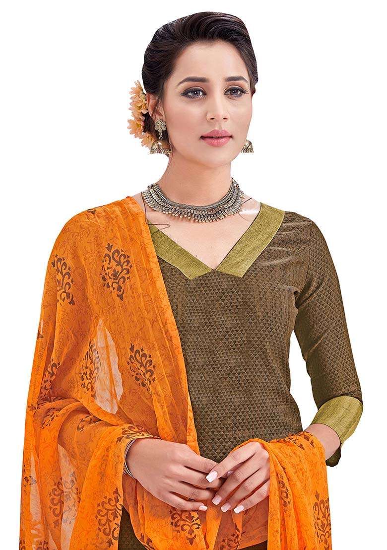 Brown Printed Silk Blend Straight Kurta Set - Indya