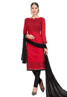 Red Embroidered Cotton Blend Dress Material