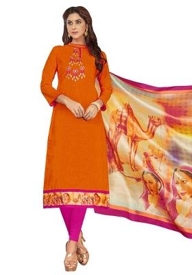 Orange Embroidered Cotton Blend Dress Material