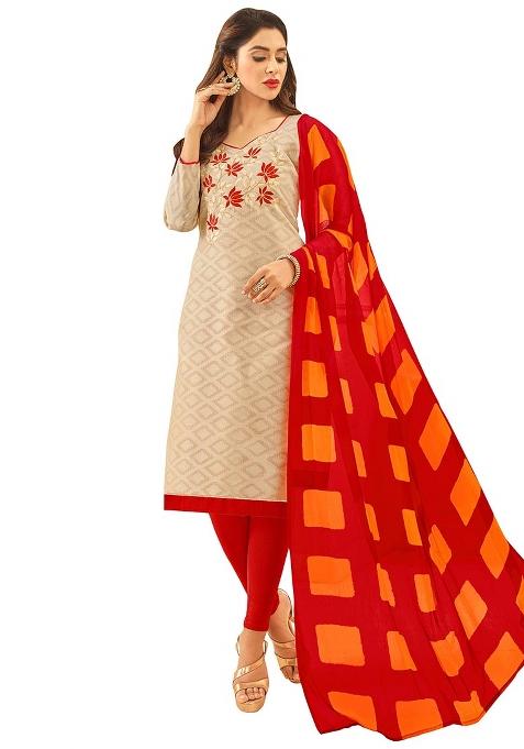 Beige Embroidered Cotton Blend Dress Material