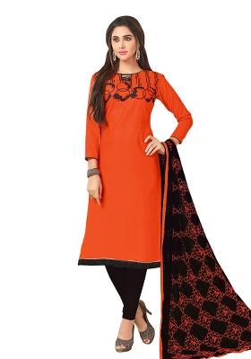 Orange Embroidered Cotton Blend Dress Material