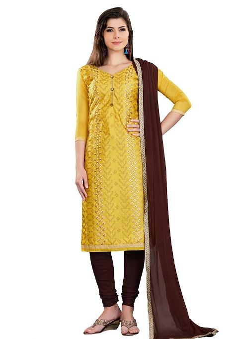 Mustard Embroidered Chanderi Dress Material