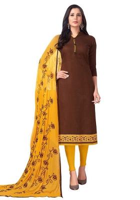 Brown Embroidered Cotton Blend Dress Material