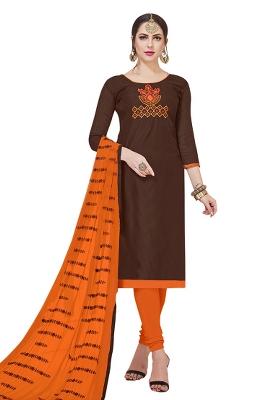 Brown Embroidered Cotton Blend Dress Material