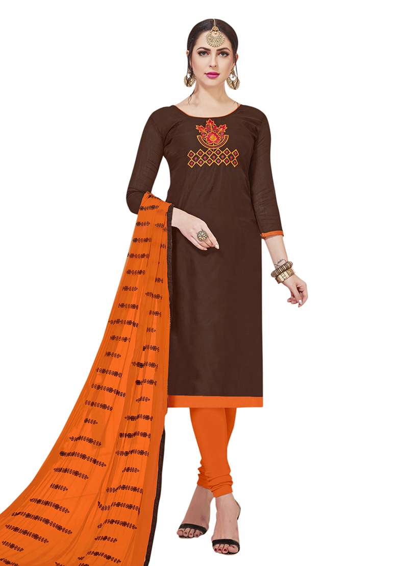 Brown Embroidered Blended Pakistani Suit Set - Indya