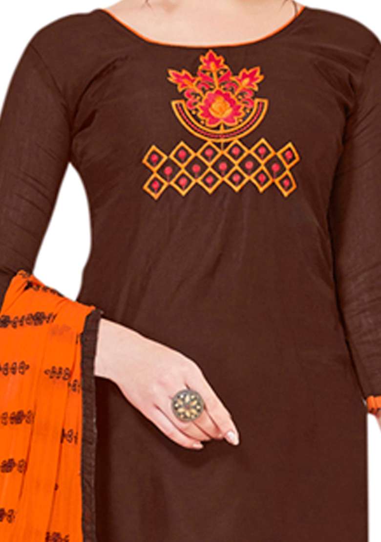 Brown Embroidered Blended Pakistani Suit Set - Indya
