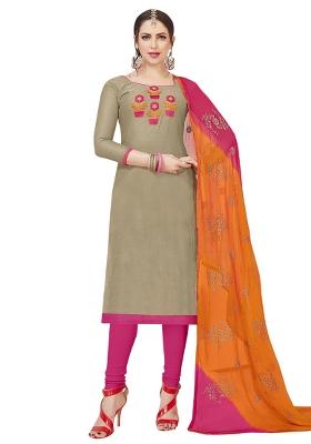 Grey Embroidered Cotton Blend Dress Material