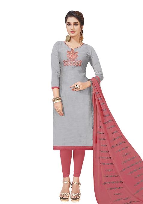 Grey Embroidered Cotton Blend Dress Material