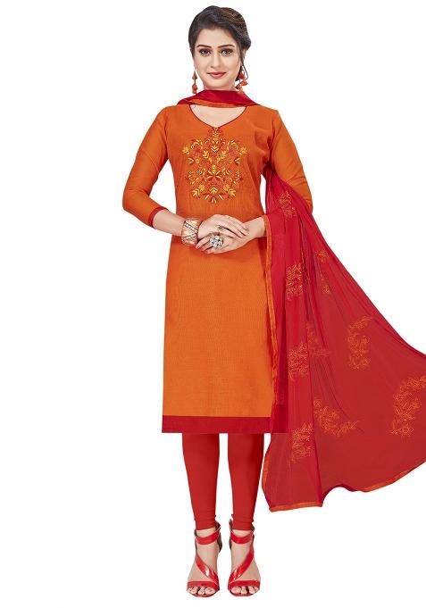 Orange Embroidered Cotton Blend Dress Material