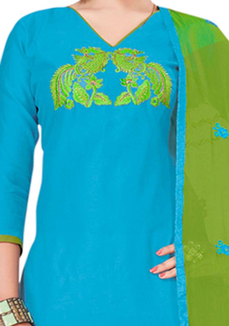 Sky Blue Embroidered Cotton Straight Kurta Set - Indya