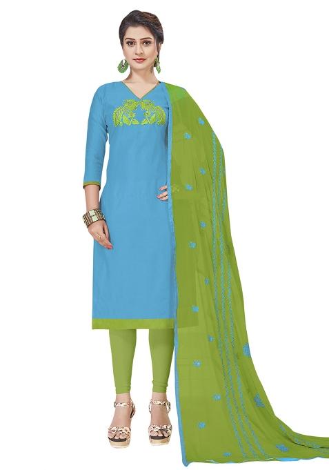 Sky Blue Embroidered Cotton Straight Kurta Set
