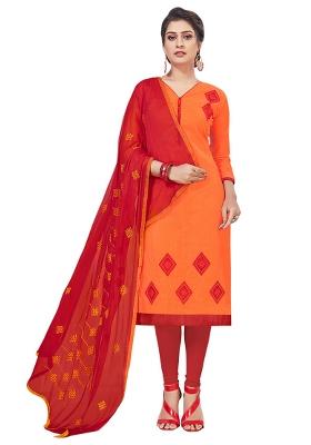 Orange Embroidered Cotton Blend Dress Material