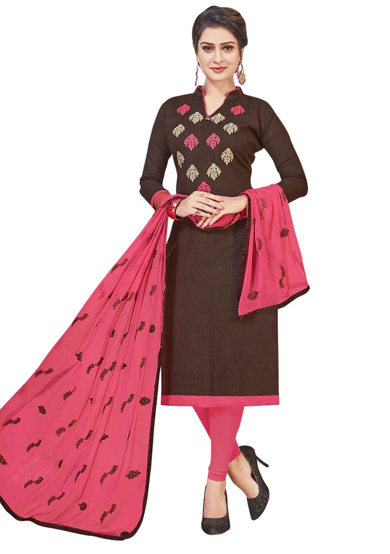 Brown Embroidered Cotton Straight Kurta Set - Indya