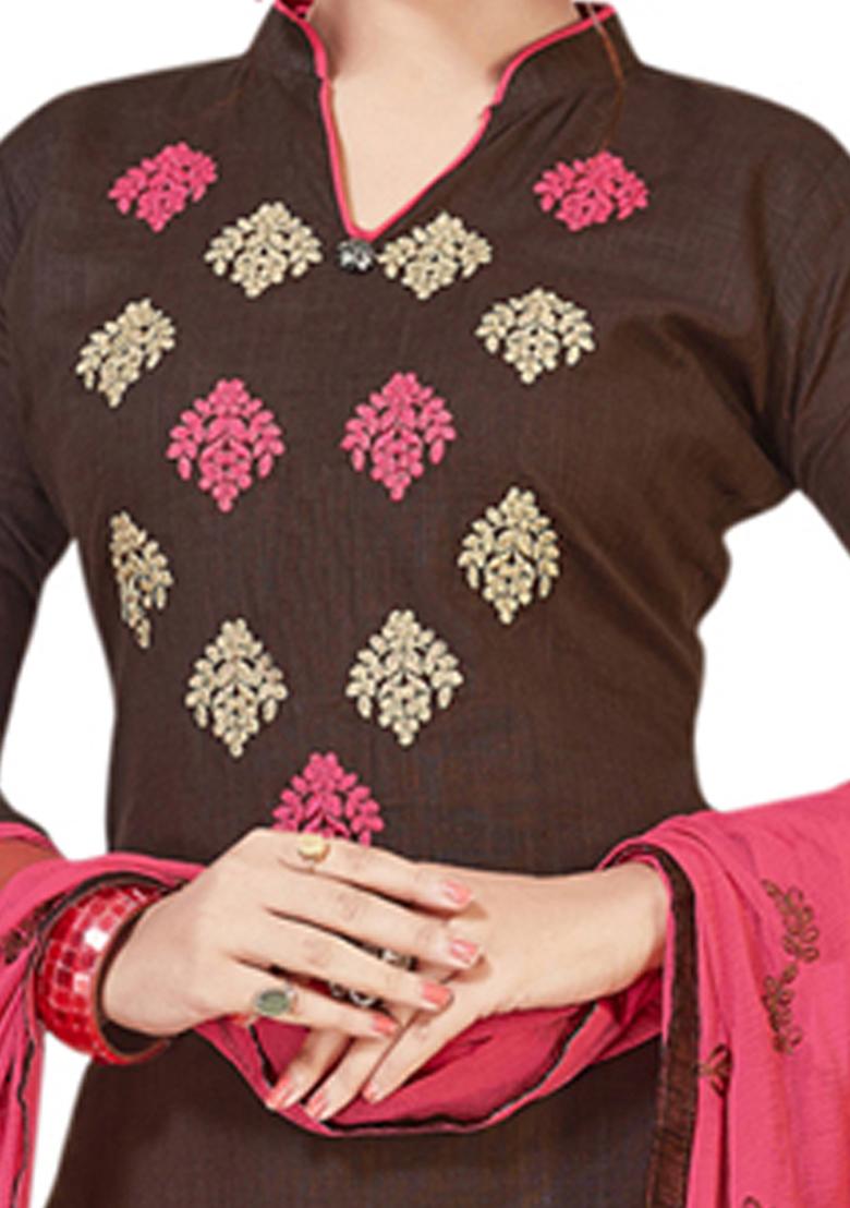 Brown Embroidered Cotton Blend Dress Material - Indya