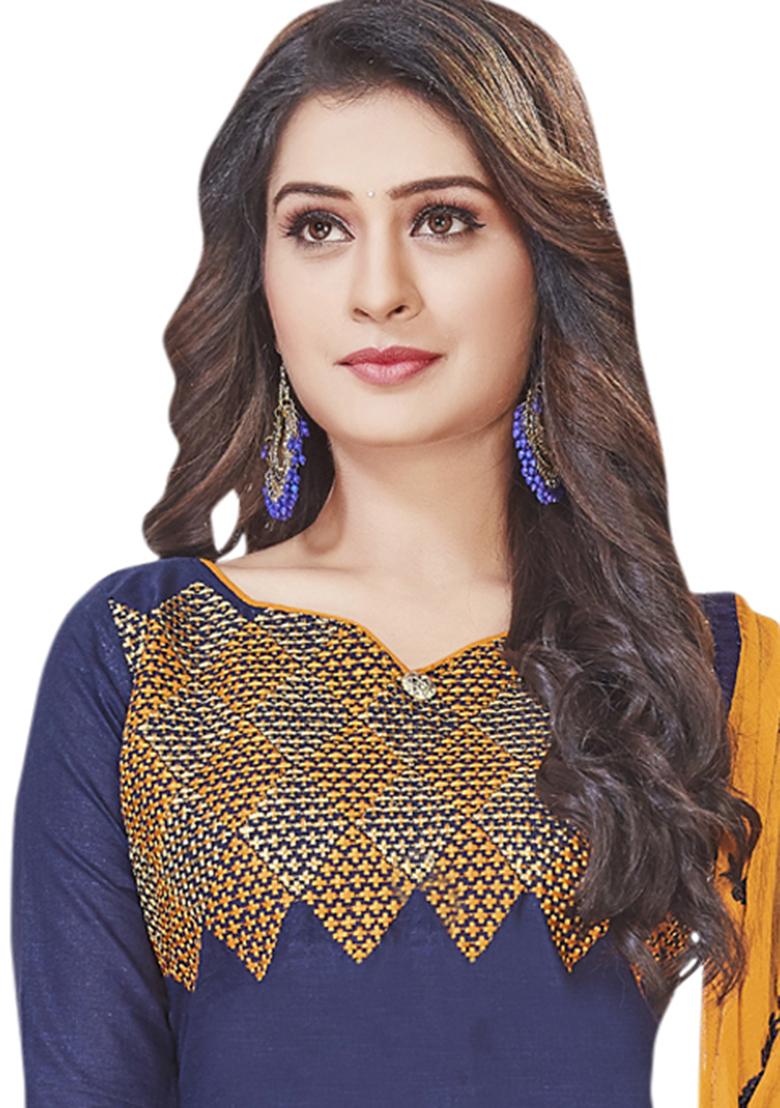 Blue Embroidered Cotton Blend Dress Material - Indya