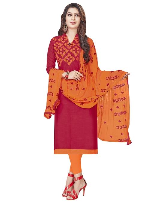 Red Embroidered Blended Straight Kurta Set
