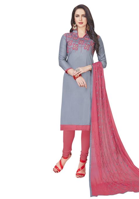 Grey Embroidered Cotton Blend Dress Material