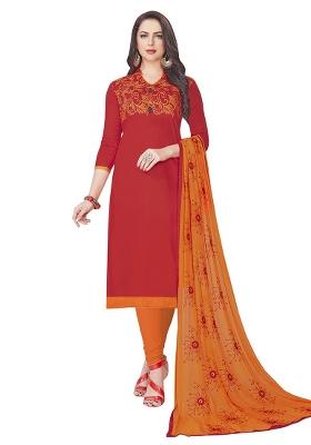 Red Embroidered Cotton Blend Dress Material