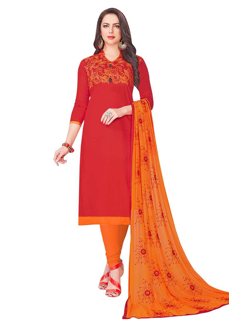 Red Embroidered Cotton Blend Dress Material - Indya