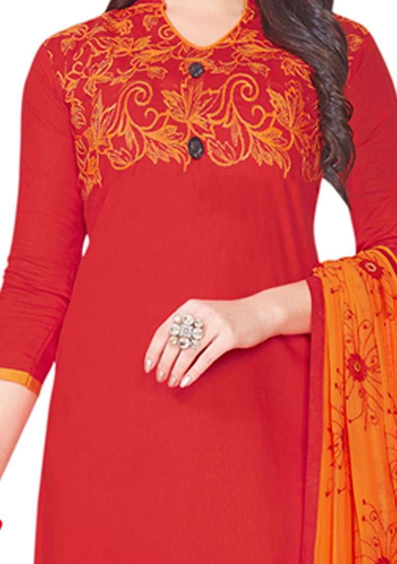 Red Embroidered Cotton Blend Dress Material - Indya