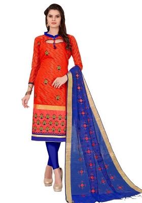 Orange Embroidered Cotton Blend Dress Material