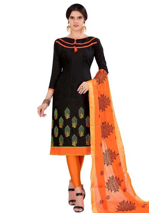 Black Embroidered Cotton Blend Dress Material