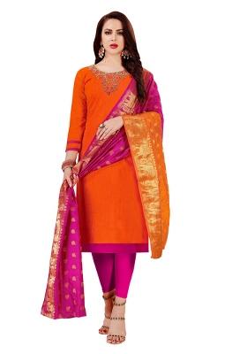 Orange Embroidered Cotton Blend Dress Material