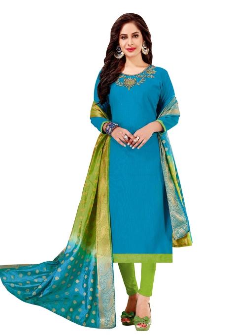 Sky Blue Embroidered Cotton Straight Kurta Set
