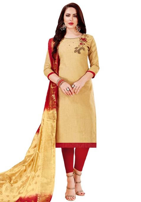 Beige Embroidered Cotton Blend Dress Material