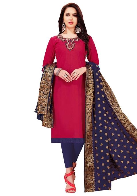 Pink Embroidered Blended Straight Kurta Set