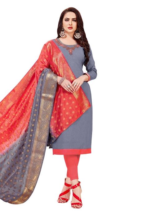 Grey Embroidered Cotton Blend Dress Material