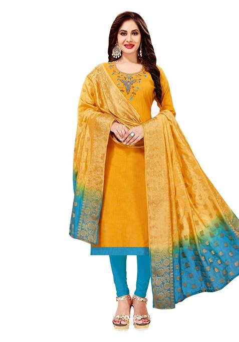 Yellow Embroidered Cotton Blend Dress Material