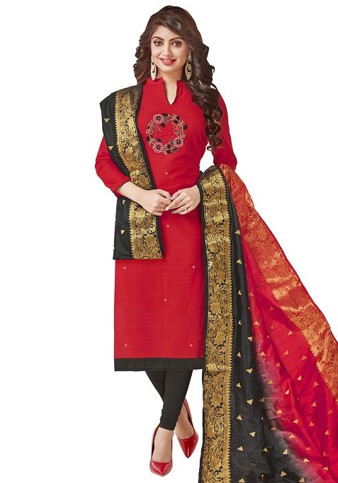 Red Embroidered Cotton Blend Dress Material
