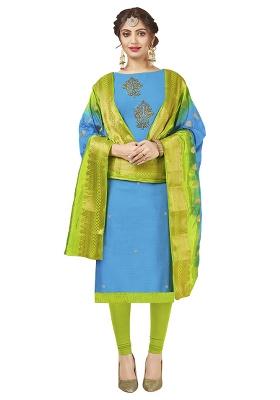Sky Blue Embroidered Cotton Blend Dress Material