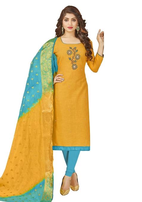 Yellow Embroidered Cotton Blend Dress Material
