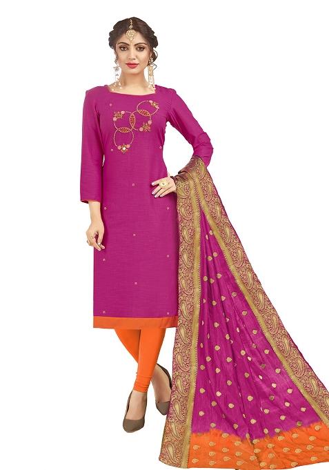 Pink Embroidered Cotton Straight Kurta Set