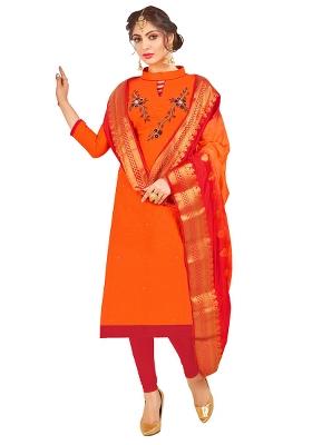 Orange Embroidered Cotton Blend Dress Material