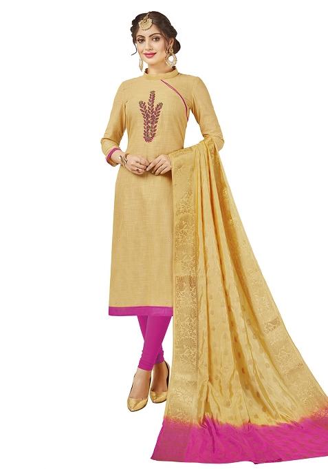 Beige Embroidered Cotton Blend Dress Material