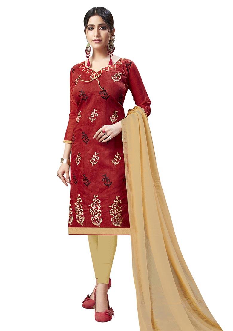 Red Embroidered Cotton Blend Dress Material