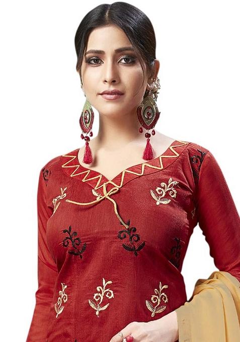 Red Embroidered Cotton Blend Dress Material