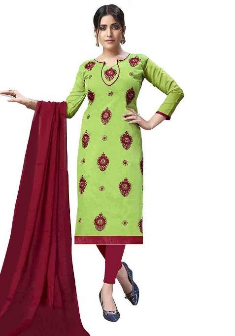 Green Embroidered Cotton Blend Dress Material