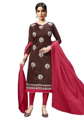 Brown Embroidered Cotton Blend Dress Material