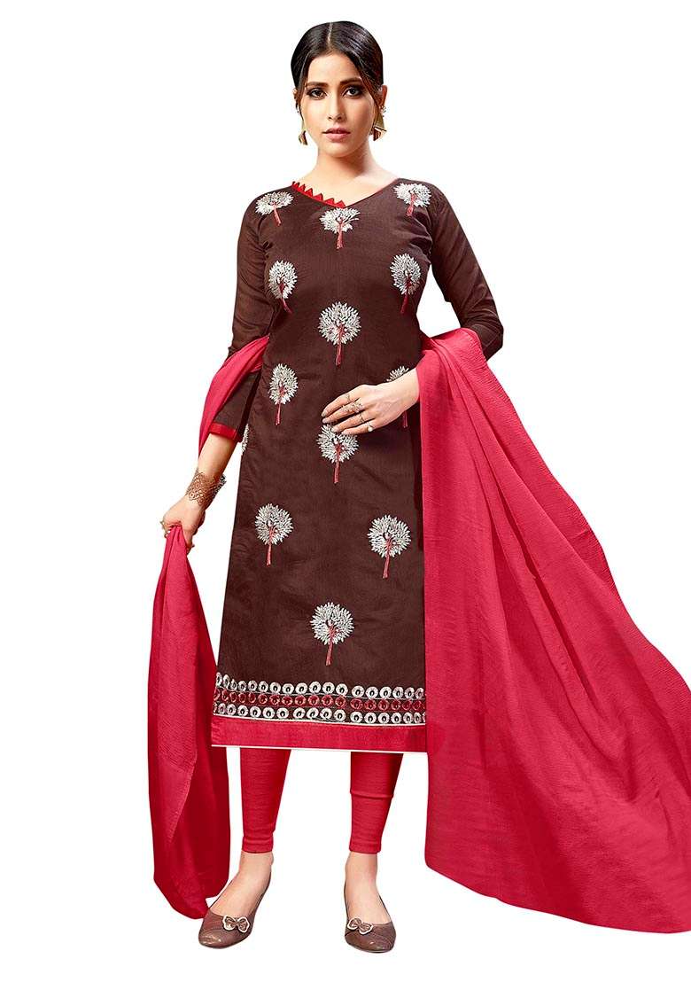 Brown Printed Cotton Pakistani Suit Set - Indya