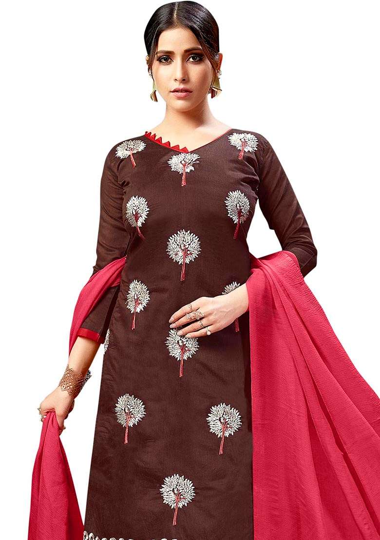 Brown Printed Cotton Pakistani Suit Set - Indya