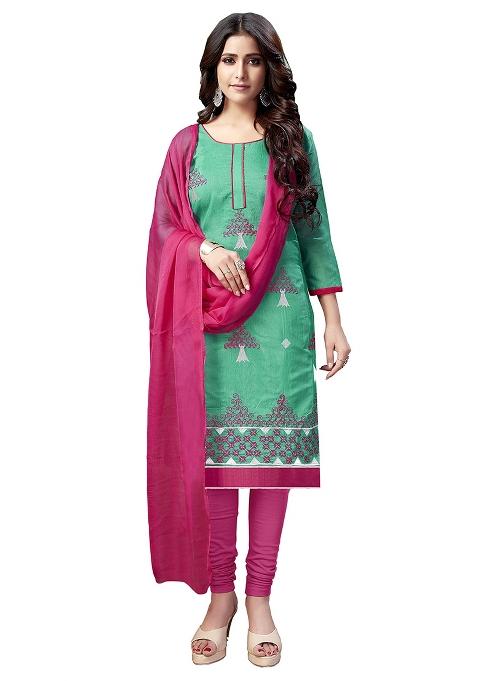 Sea Green Embroidered Cotton Straight Kurta Set