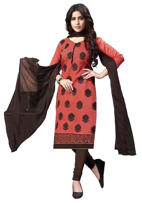 Peach Embroidered Cotton Blend Dress Material