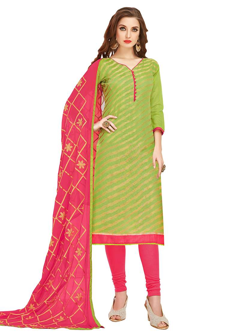 Green Striped Jacquard Straight Kurta Set - Indya