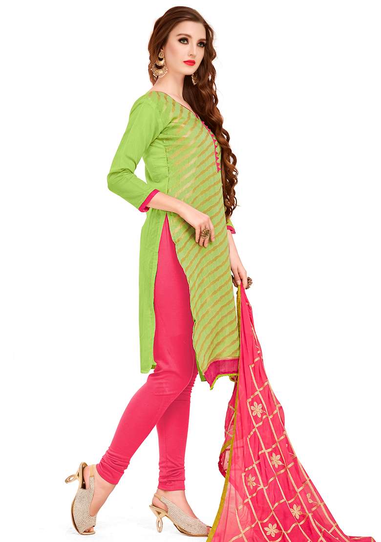 Green Striped Jacquard Straight Kurta Set - Indya